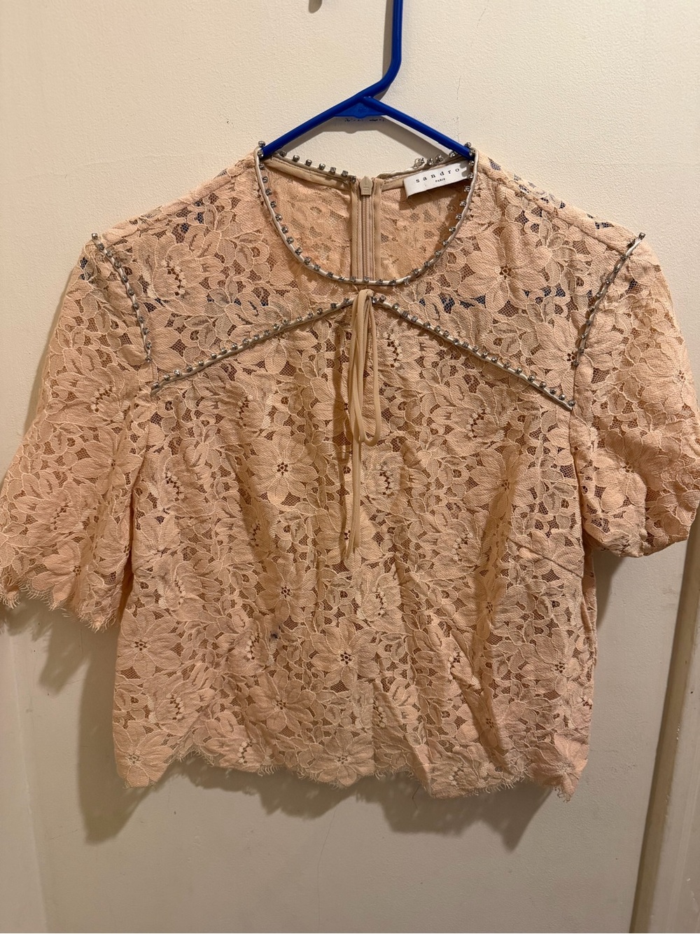 Sandro Paris Beaded Trim Lace Tie-Neck Blouse in Blush
